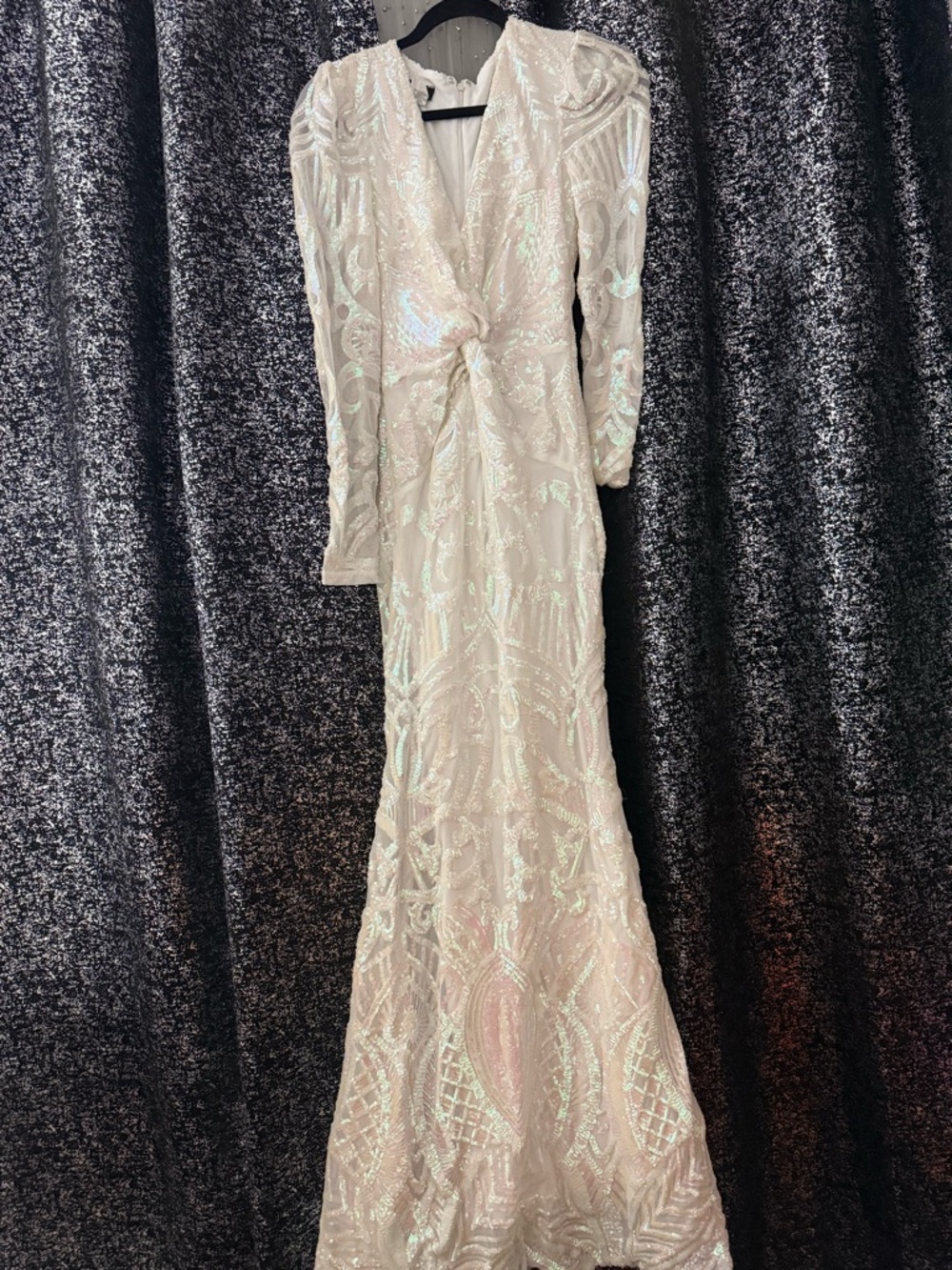 Ivory Sequin Twist-Front Long Sleeve Evening Dress